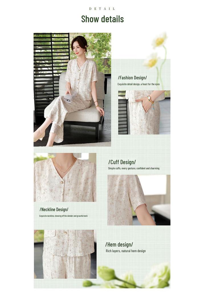 Women's Chinese Style Summer Two-Piece Set: Stylish Short Sleeve Top and Pants for Middle-Aged and Elderly