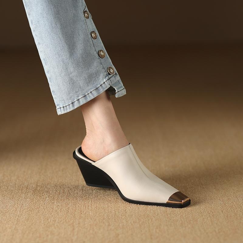 Fashion Women's New Summer Metal Headed Genuine Leather Cowhide High Heels Large Square Headed Retro Muller Slippers