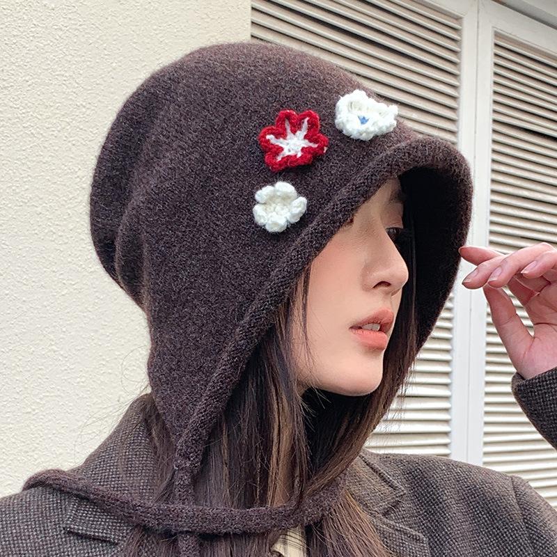 Autumn and Winter Flower Knitted Bucket Hat New Hat Female Cute Basin Hat Casual Bucket Hat