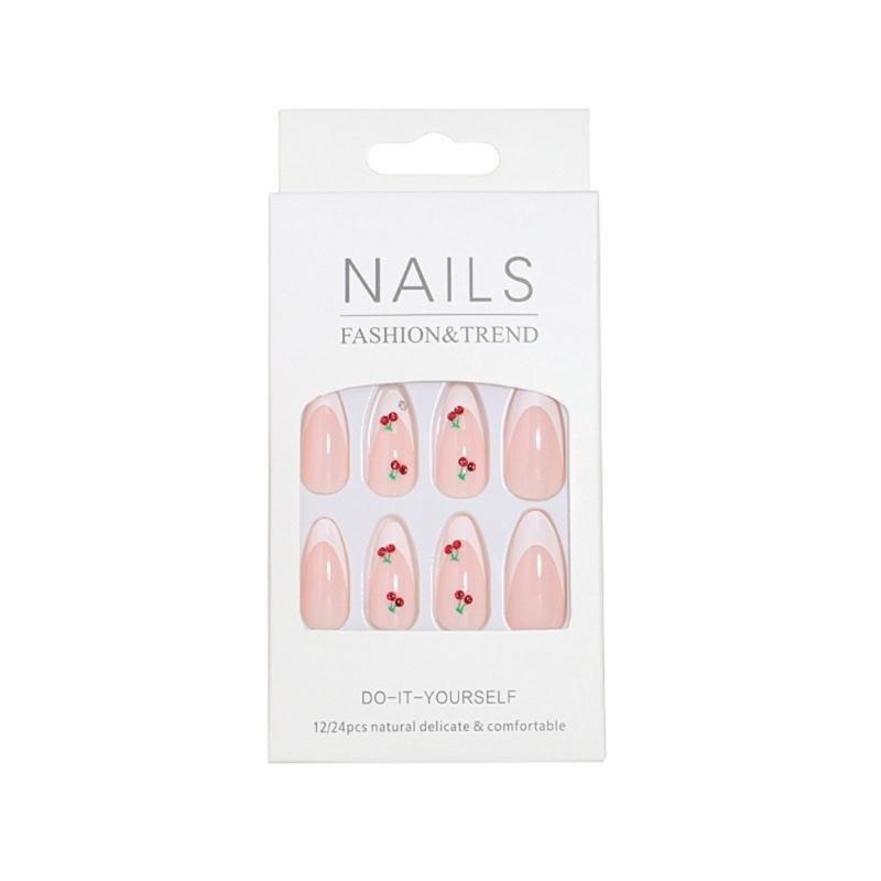 French Style Press On Nail 24 Pcs Glossy Finish Stick on Nail with Fruit Designs Suitable for Work and Social Event