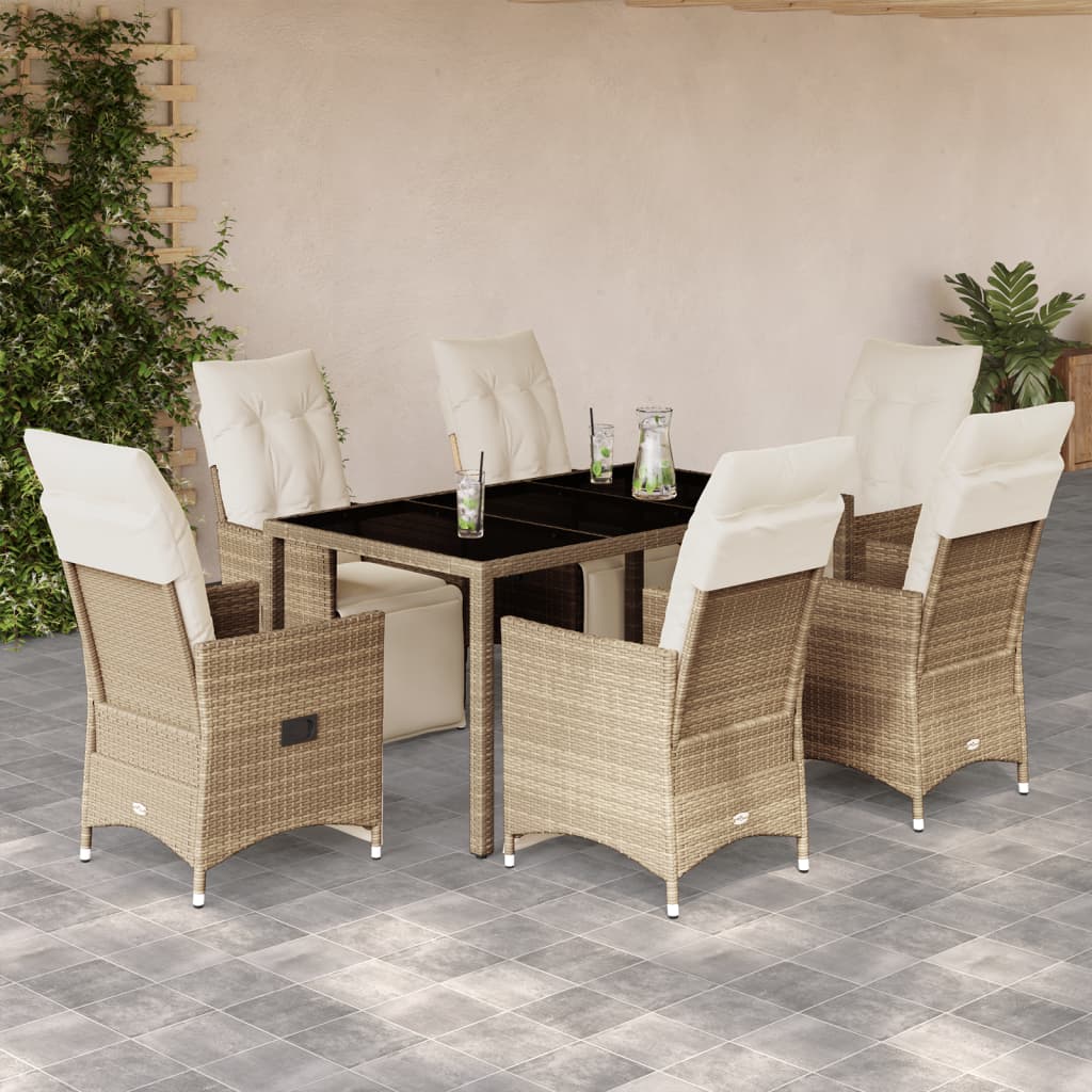 7 Piece Garden Bistro Set with Beige Cushions Poly Rattan