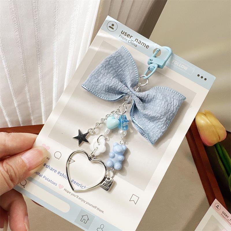 Cute Sweet Bear Bow Heart Keychain Pendant with Star Charm Phone Chain Backpack Keyring Girly Bag Hanging Ornament Gift