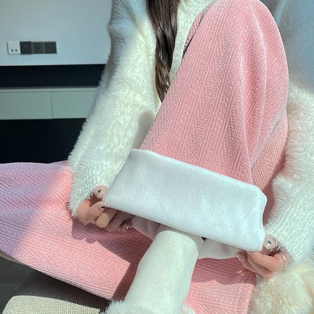 

Женские утолщенные бархатные теплые широкие брюки из кашемира с высокой талией, прямые теплые брюки для женщин, полосатые новые осенне-зимние брюки S розовый