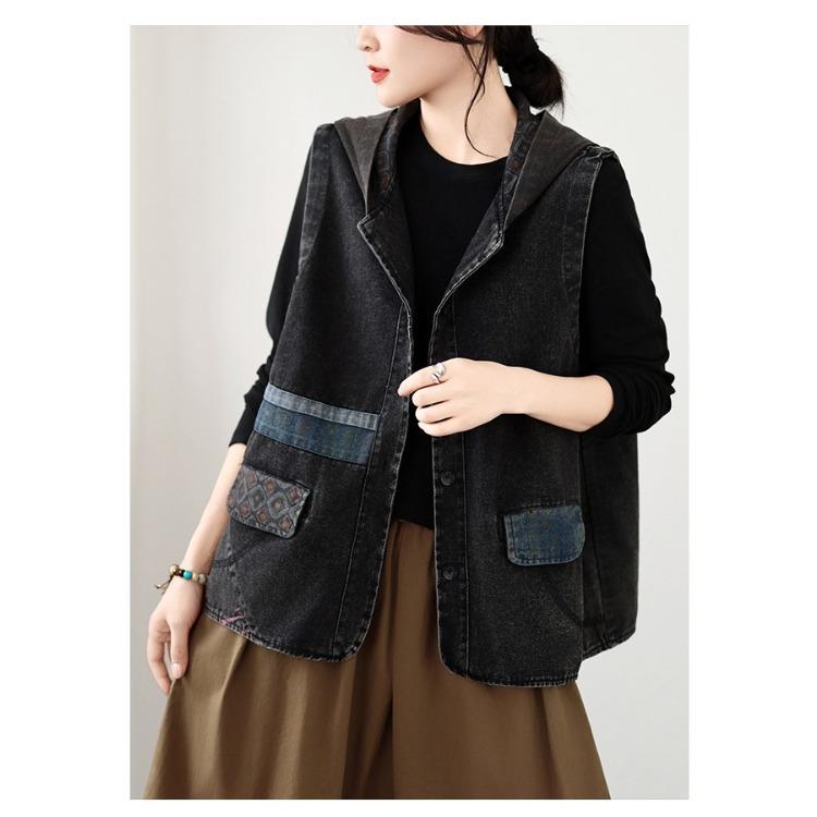 Plus Size Denim Hooded Vest Women Loose Short Waistcoat Casual Autumn Fashion