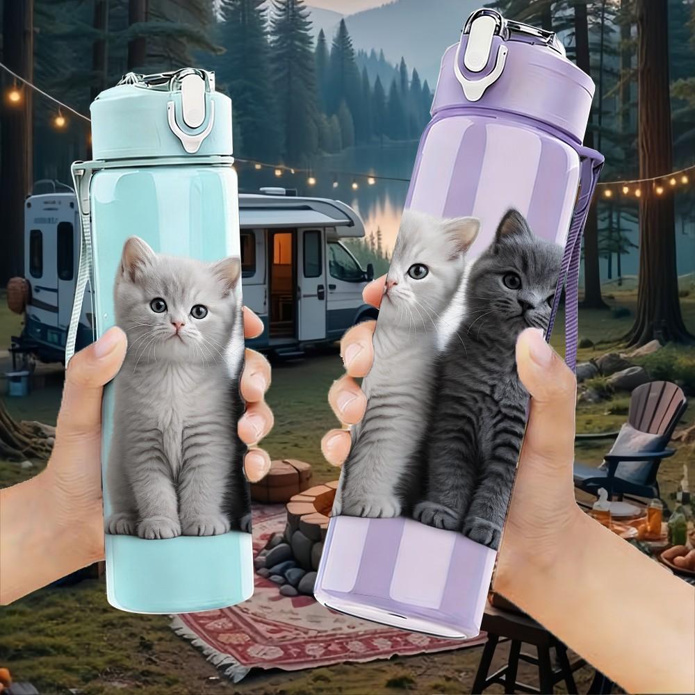 1PC Two Gray Kitten Cat Portrait Print 750ml Color Plastic Sports Water Bottle Leakproof Flip Straw Lid Suitable for Sports Office Home Use