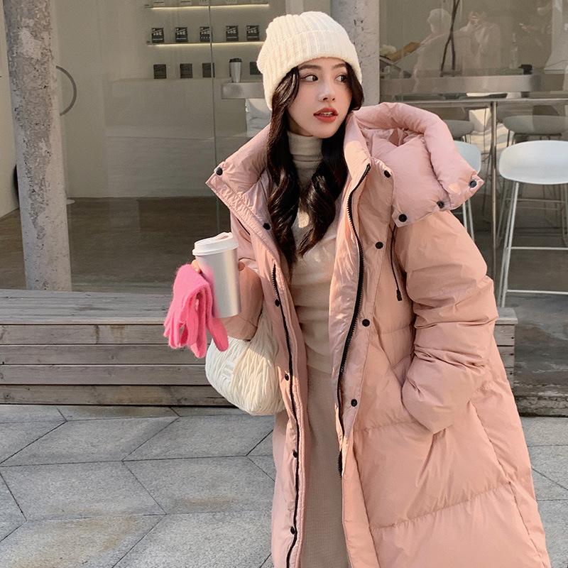 Herfst en Winter Mode Losse Katoenen Jas met Capuchon Dames Lange Bovenkleding Over de Knie Donsjas Dikke Broodjas Warme Jas
