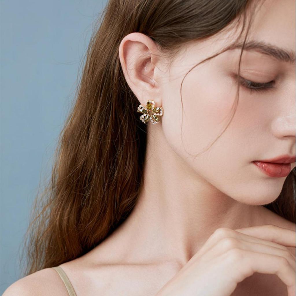 2025 Olive Green Hollow Flower Petal Earrings with Micro-set Zirconia