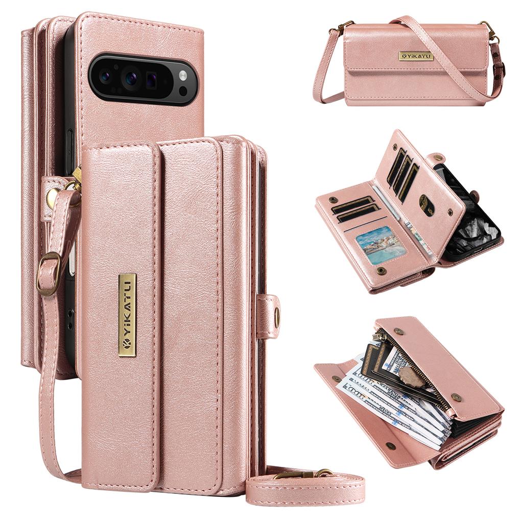 For Google Pixel 10 Pro/Google Pixel 9/Google Pixel 9 Pro/Google Pixel 10 Case YIKATU YK-008 Zipper Wallet Leather Phone Cover with Shoulder Strap