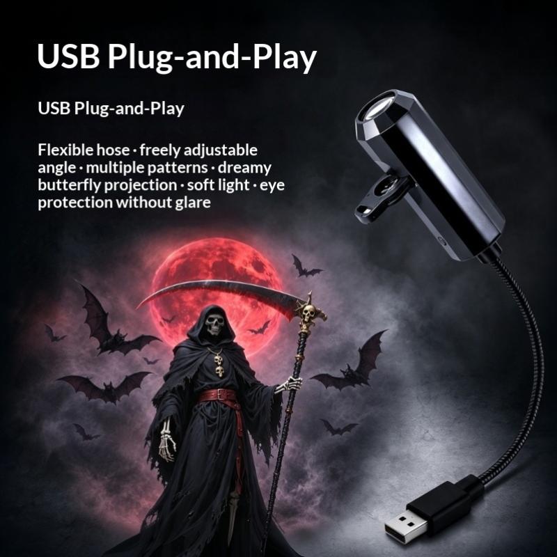 USB Halloween Christmas Projector Light with Adjustable Gooseneck & Swap Pattern Films – Indoor Outdoor Decor for Parties, Home, Windows