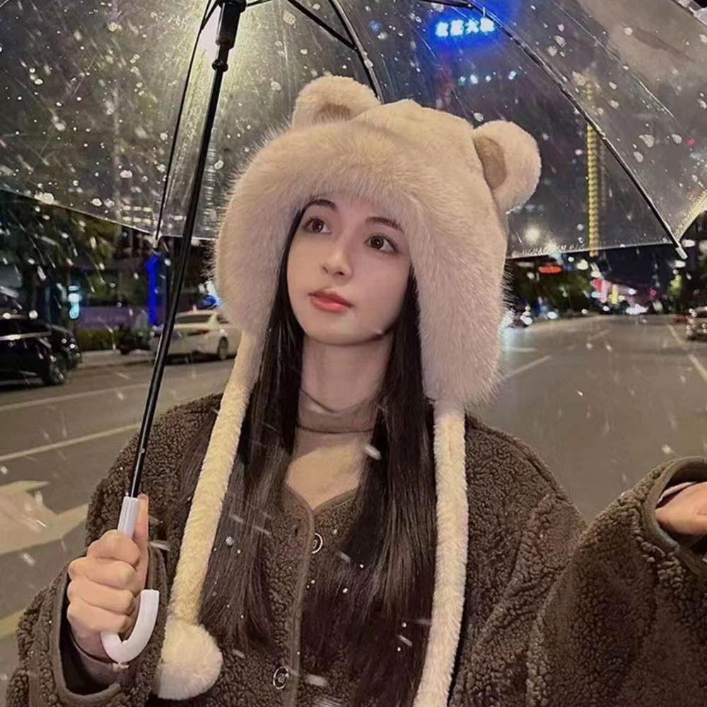 Windproof Bear Ear Fur Hat Thick Fisherman Hat New Cold-Proof Earflaps Cap  Women