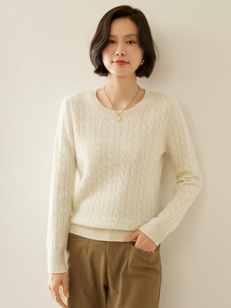 Women's Retro Cable Knit Cashmere Pullover Sweater, Round Neck, Slim-Fit, Autumn/Winter 2024 Collection