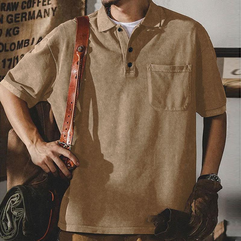 Summer new lapel button T-shirt men's retro washed heavy short-sleeved loose casual top men's