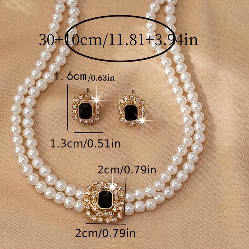 Luxury Atmospheric Elegance Double Row Imitation Pearl Square Diamond Necklace Stud Earrings Set
