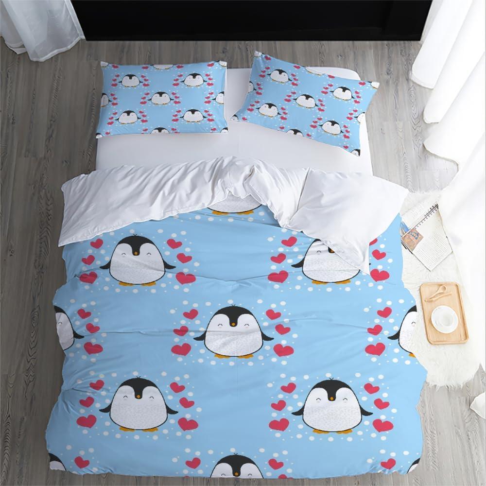 3D Little Penguin Comforter Cover with Pillowcases 50x75 Cm, Penguin Duvet Cover 2 Pieces Set for Children's Room Decoration