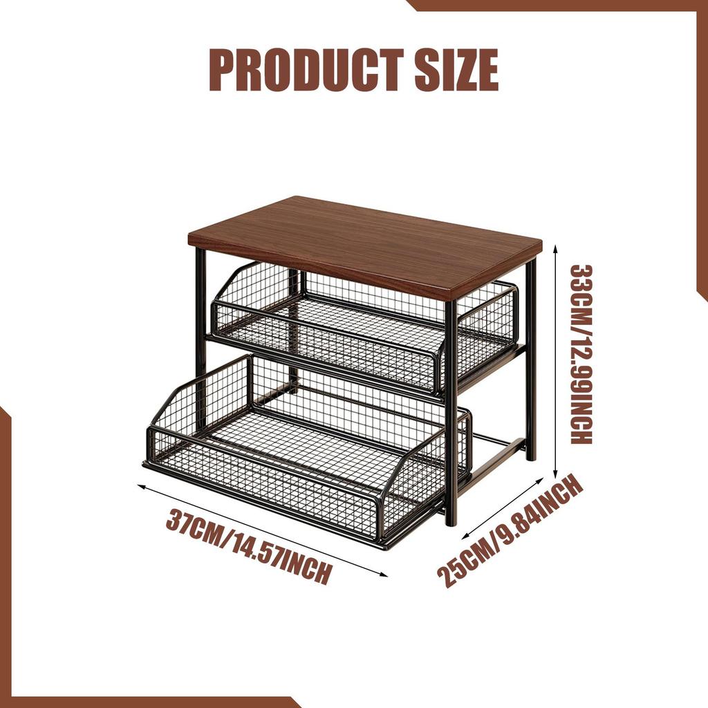 Coffee Counter Shelf Iron Wood Organizer Stand with Pull Out Drawer for Kitchen Condiment Bottle Storage Rack