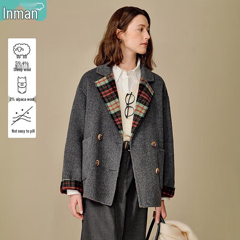 

Inman Women s Grey Plaid Lapel Double-faced Wool Coat L