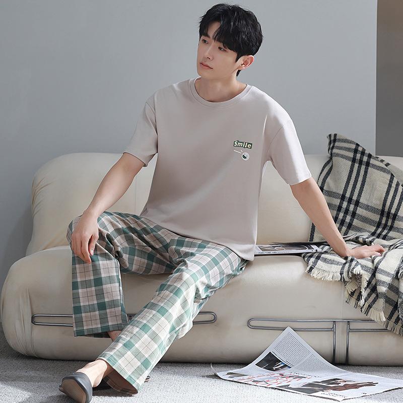 Blue Color Men's Cotton Pajamas Set for Summer Short Sleeves Sleeping Top Long Pant Nightwear Young Boy Home Clothes