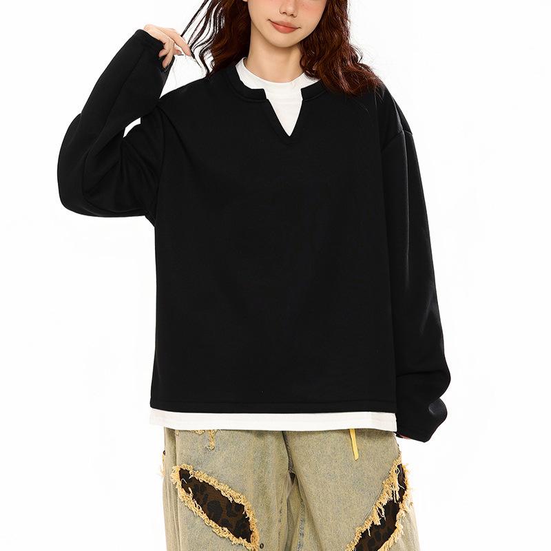 

Casual Solid Color Fake Two-piece Crew Neck Sweater Men s Same Autumn New Medium and Long Loose and Lazy M чёрный
