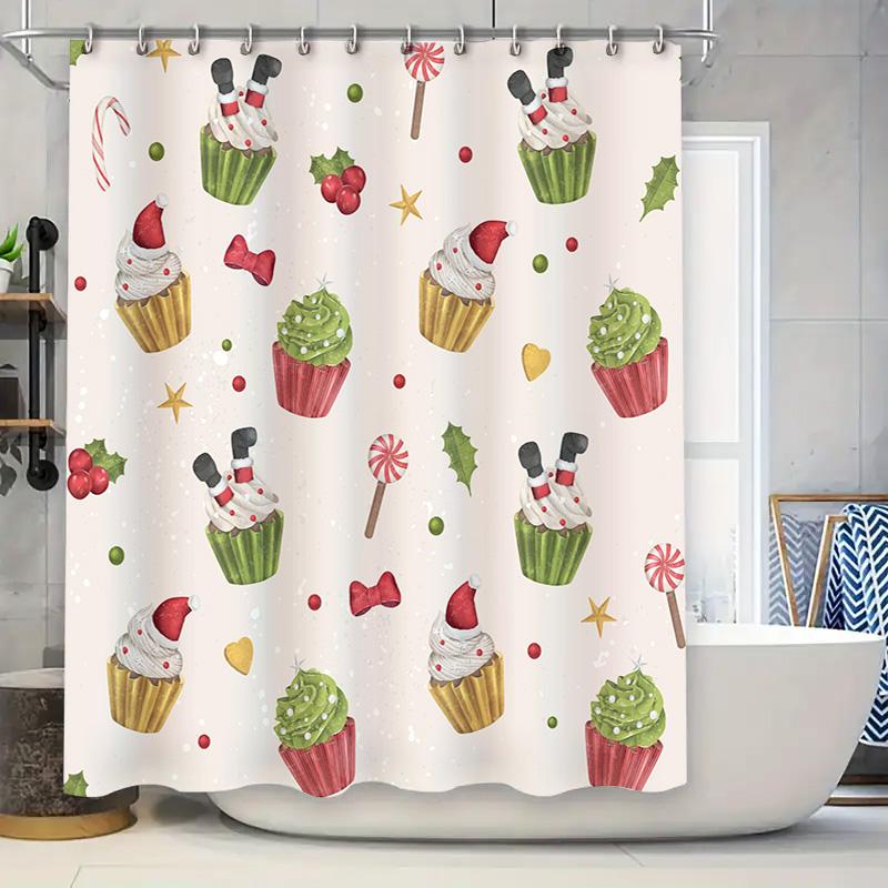 

Рождественская шторка для душа с милыми кексами, леденцами, ягодами остролиста, красными бантами, звездами, сердечками и горячим розовым цветом 90x180cm