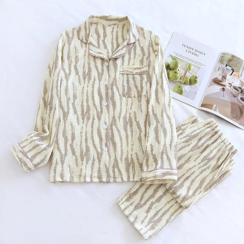 2026 Spring and Autumn Women's Pajama Set 100% Cotton Crepe Long Sleeved Pants Two Piece Cute and Sweet Home Fury Set Ladies