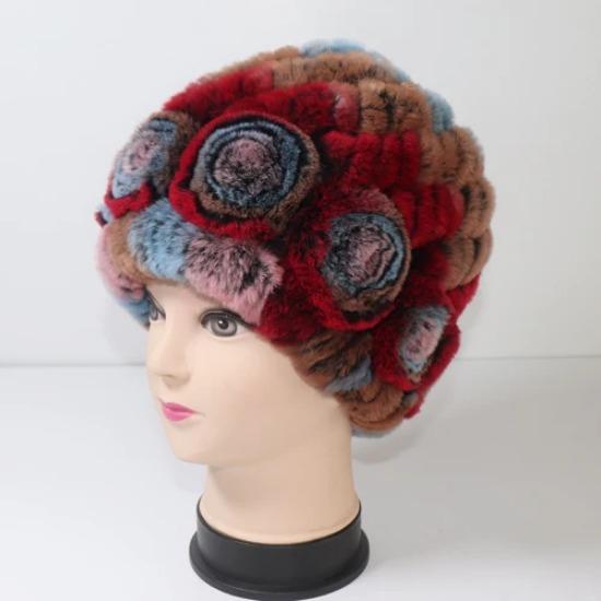 Hot Sale Winter Women Flower Striped Natural Real Fur Hats Lady Warm Knit Genuine Rex Rabbit Fur Caps Outdoor Fur Beanies Hats