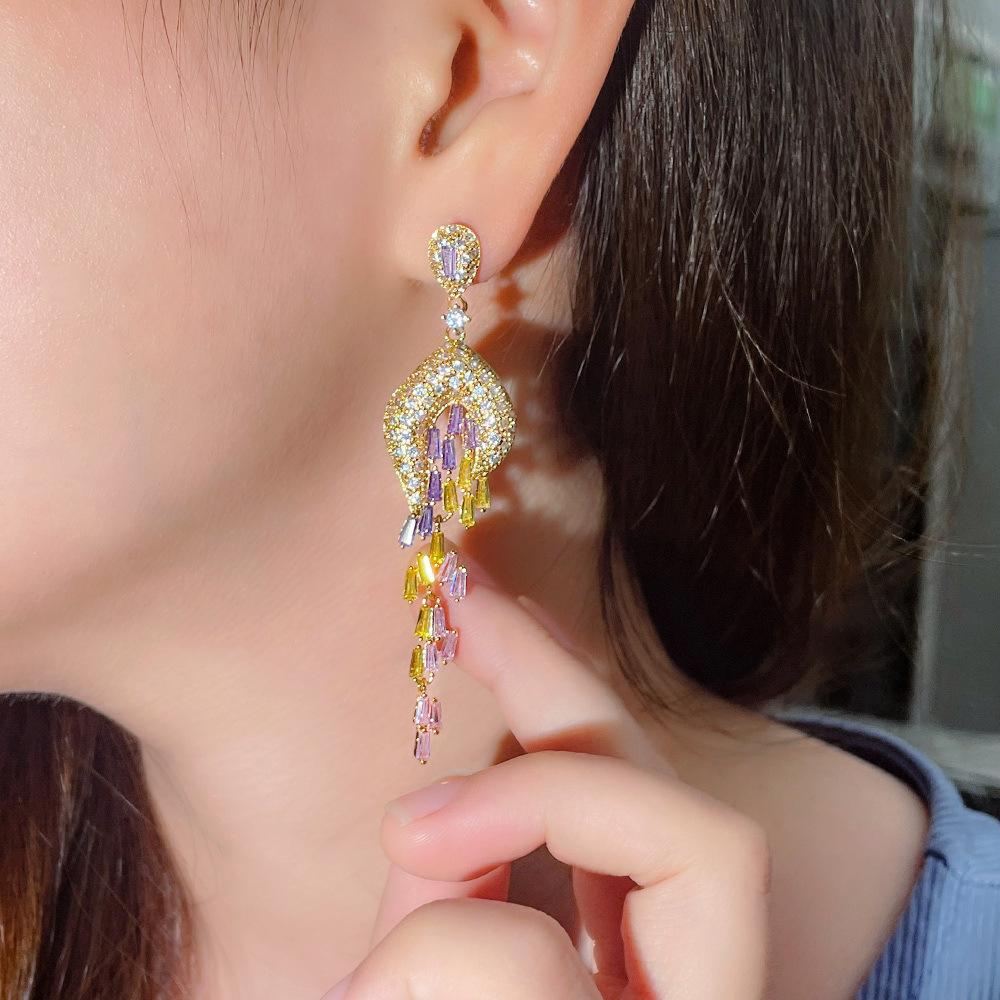 Star Same Length Heavy Industry Celebrity Color Zircon Tassel Earrings Pin Earrings Earrings