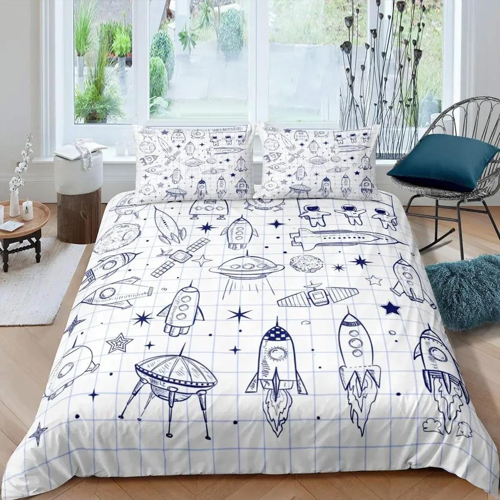 Rocket Duvet Cover Set King Size Spaceship Bedding Set Twin Microfiber Outer Space Galaxy Stars Planet Cartoon Style Quilt Cover