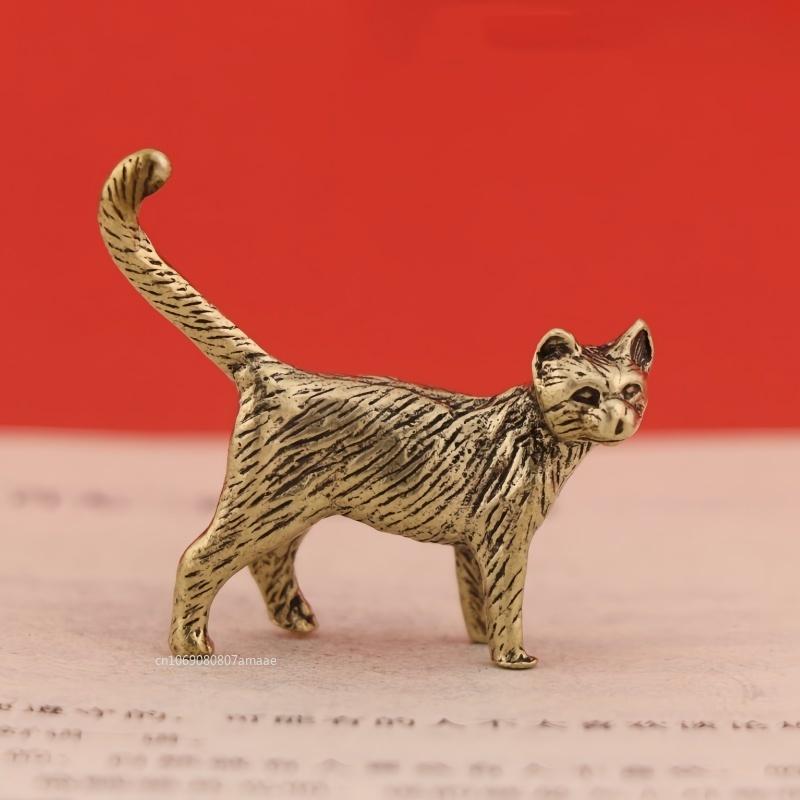 Retro Brass Little Cat Statue Creative Interesting Mini Long-Tailed Cat Tabletop Ornament Miniature Home Decor Tea Pet Crafts