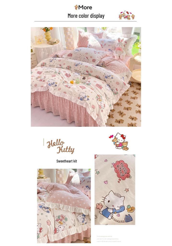 Official Sanrio Hello Kitty All-Cotton 4-Piece Bedding Set - Sheet, Pillowcase & Bed Skirt for Dorms