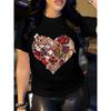 European Size Women'S Summer Casual T-Shirt with Rhinestone Heart Design, Polyester Crew Neck, Breathable Knit Fabric