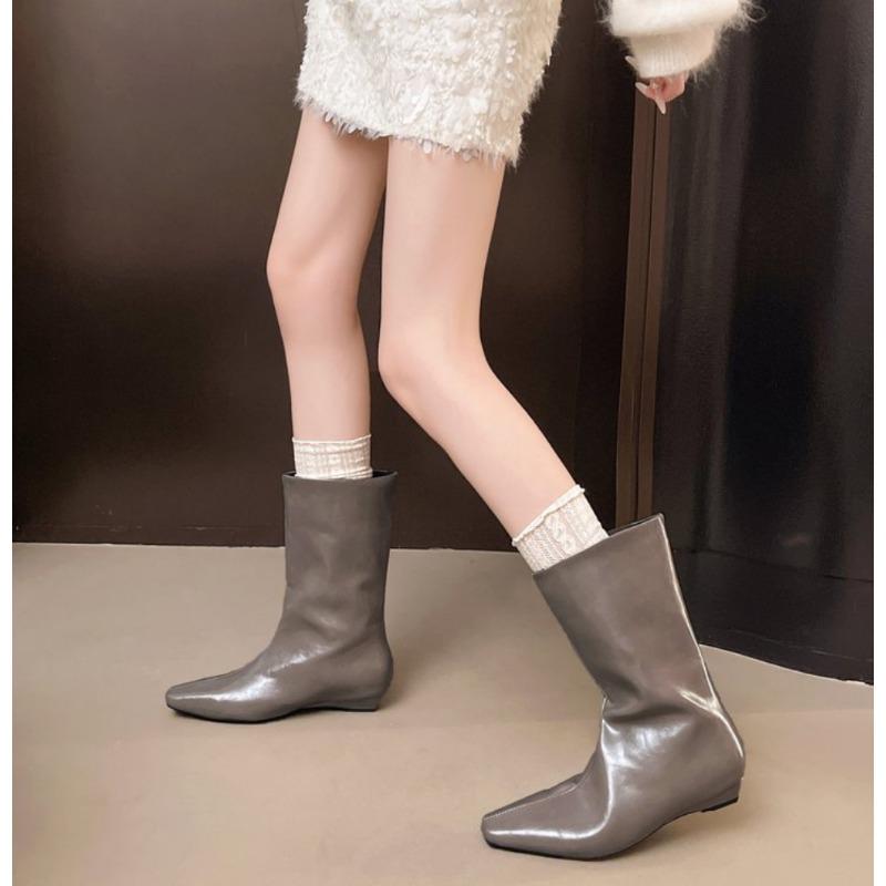 Fashion Designer Street Style Pointed End Women Mid-Calf Boots Fashion Slip On Internal Eevation Ladies Concise Long Botas De Mujer