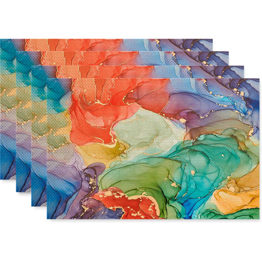 Anti Fouling and Heat-insulating Table Mat 4PC Placemat Watercolor Marble Printed Fabric Linen Placemat  Western Style Placemat