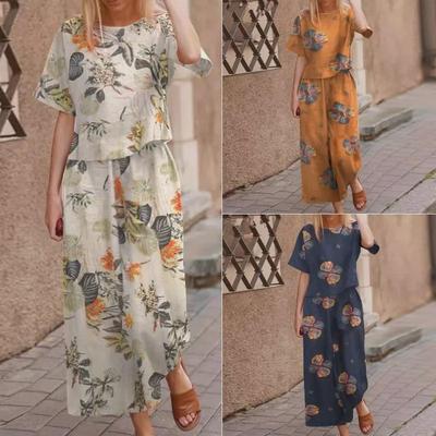 Floral Cotton-Linen Women's Casual Short-Sleeve Top and Nine-Point Pants Suit