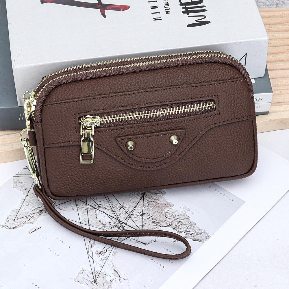 

Cowhide Women s Motorcycle Style Clutch: Large Capacity Double Zipper Phone Holder Handbag, Genuine Leather.