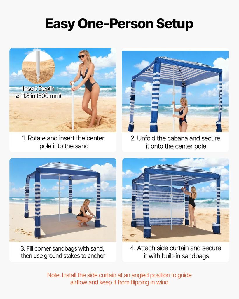 Beach Cabana, 2.4 x 2.4 m Beach Canopy with Side Wall, UPF 50+ Protection Easy Setup Cabana Tent with Sand Pockets, Adjustable Height Portable Shade