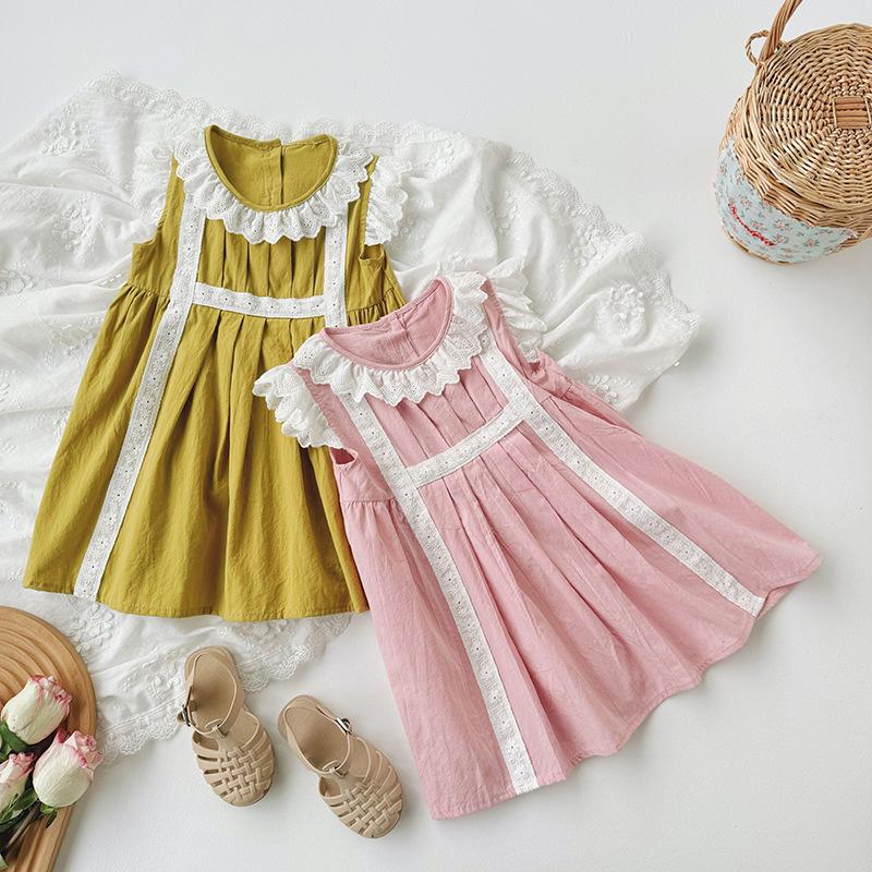 Girls Summer Lace Ruffle Collar Pleated Dress Sweet Princess Flutter Sleeve Hem Skirt