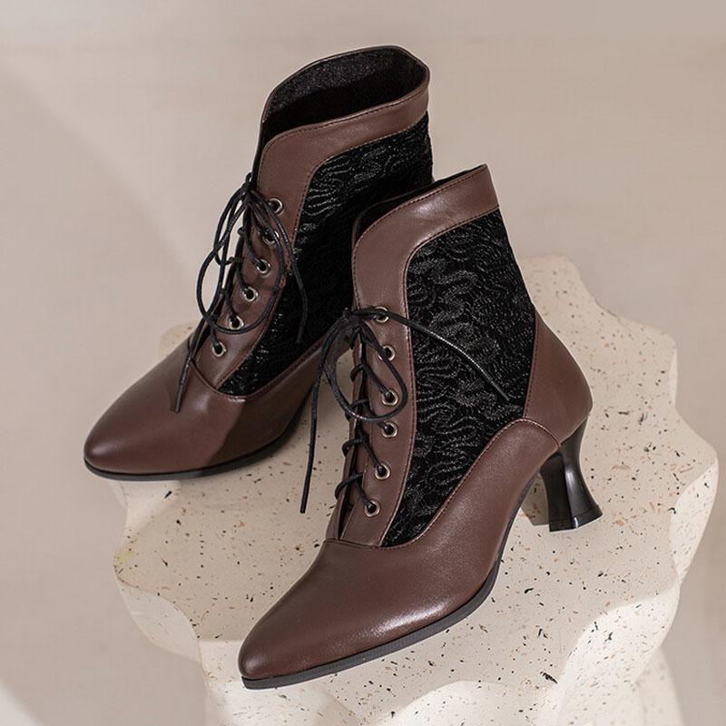 Lace-up Women Ankle Boots Middle Heels Custom Lace Pointed Toe Autumn Winter Women Shoes Black Red White Short Booties WSH4927