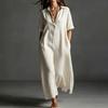 Summer Cotton Linen Dress for Women, Casual Loose Short Sleeve Long Dress, Button Up Lapel V Neck Flowy Maxi Dress