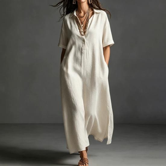 Summer Cotton Linen Dress for Women, Casual Loose Short Sleeve Long Dress, Button Up Lapel V Neck Flowy Maxi Dress