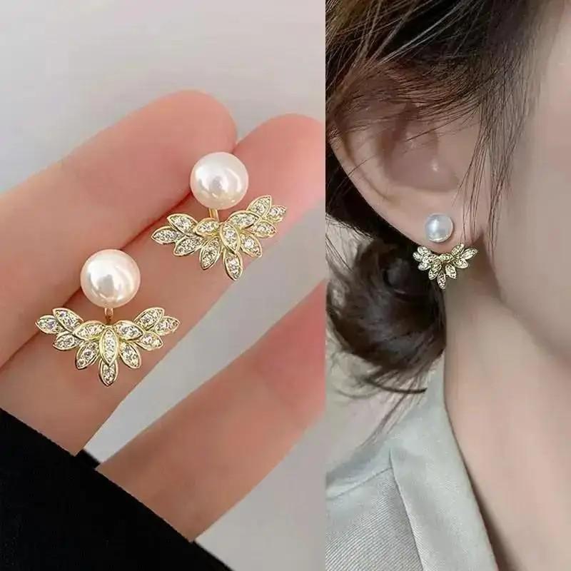 New Korean Fashion Crystal Ginkgo Leaf Earrings For Women Jewelry 2024 Trending Luxury Women's Pearl Opal Drop Earrings JN9