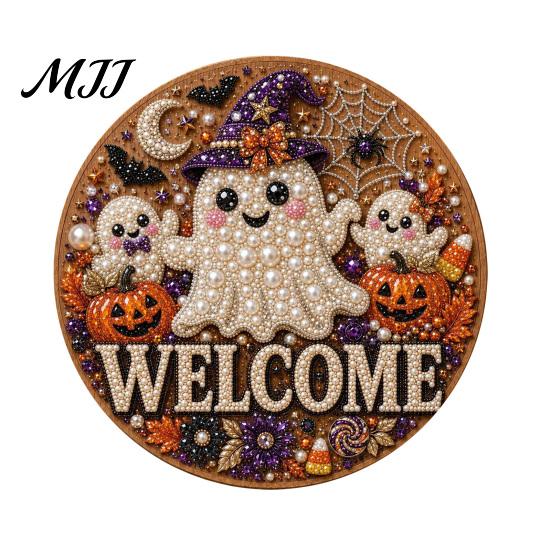 Cat Welcome Sign Kit Halloween Faux Pearl Door Kit, Ghost Skull Skeleton Crafts Handmade Painting Arts for Wall Decoration DIY Art