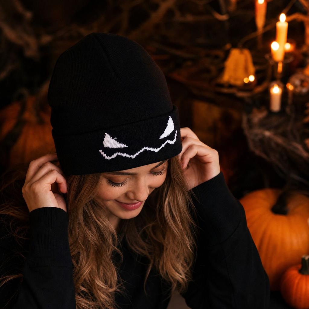 Halloween Knit Hat with Pumpkin and Devil Embroidery, Cute Trendy Winter for Women and Men