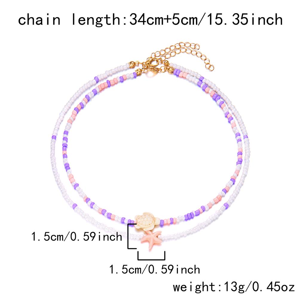Bohemian Mixed Color Rice Beads Starfish Pendant Necklace for Women Double Turtle Chain Clavicle Necklace Summer Travel Jewelry