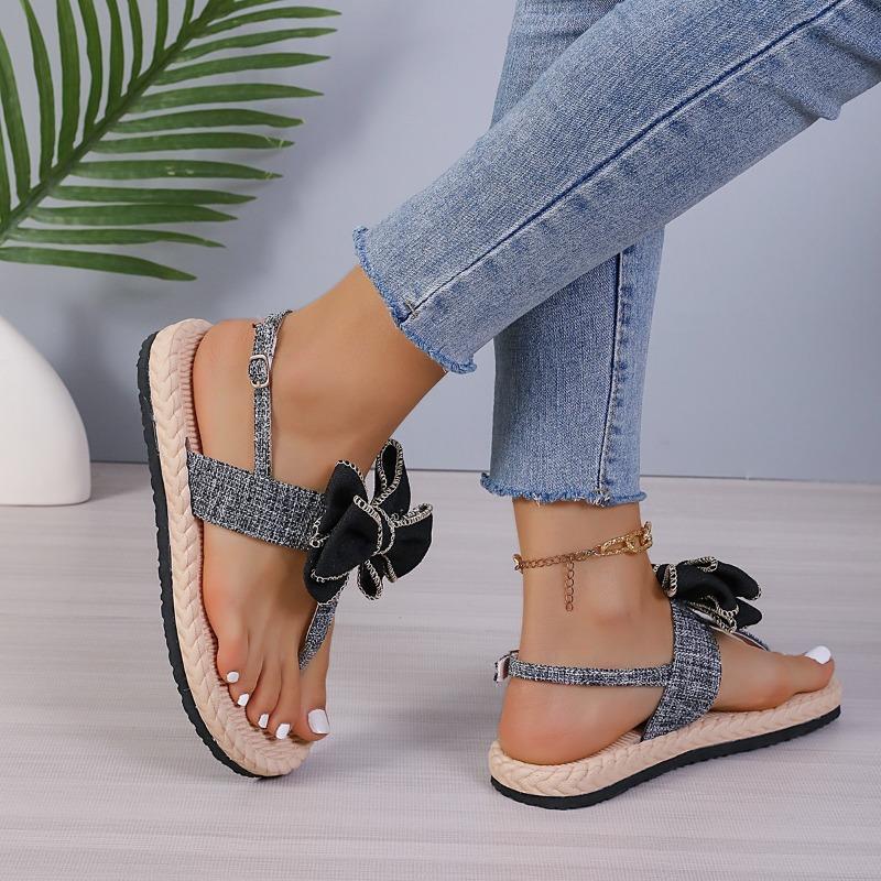 Women's Wide Width Bow Thong Sandals - Jute Rope Sole Flip Flops for Summer, Fashion Bohemian Slides