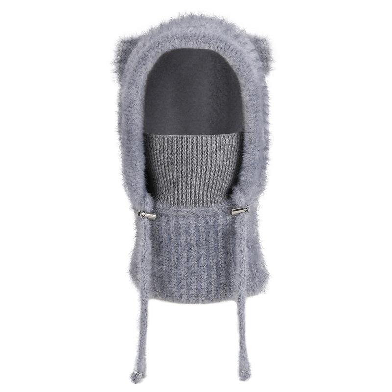 Winter  Scarf Mask Integrated Hat Women's Fleece Cold-proof Knitted Wool Hat Outdoor Warm Ear Protective Hat
