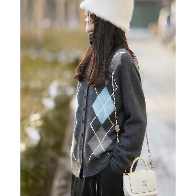 Demana Women's Wool Blend Argyle Knit Cardigan