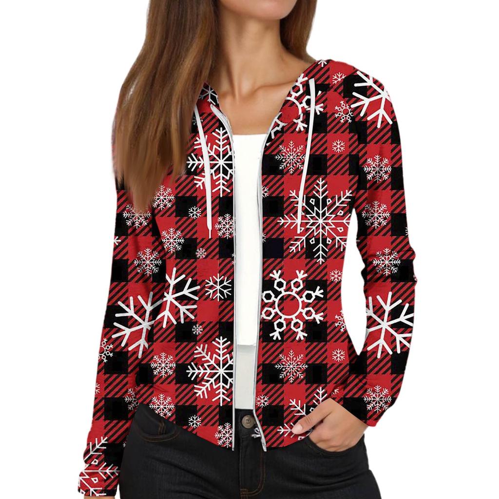 Women's Fashion Christmas Print Casual Zip-Up Long-Sleeved Hooded Jacket