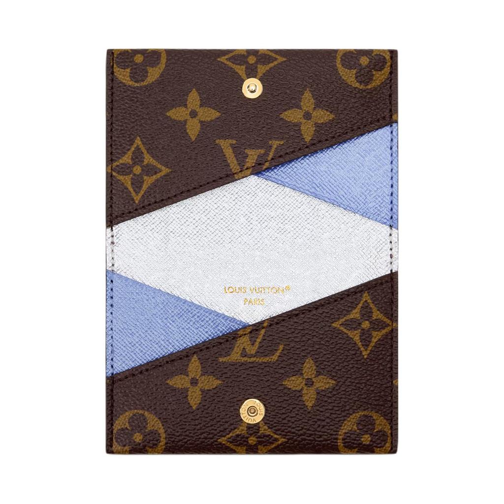 Louis Vuitton Slim Color-Blocked Leather Trim Gold Button Closure Coated Canvas Card Holder Women card holder Brown Blue Silver M26900