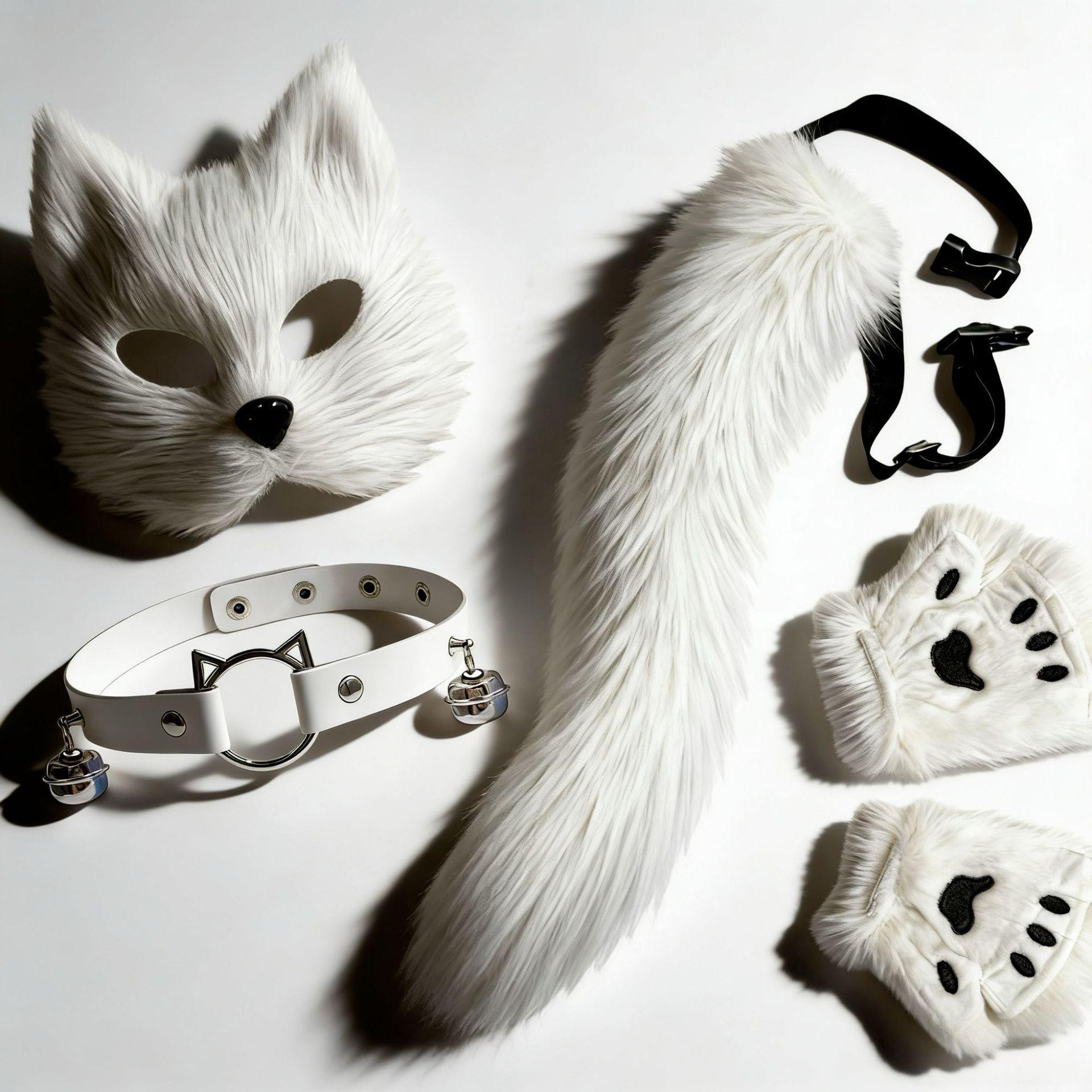Womens Cosplay Set Animal Ears Mask Plush Gloves Tail Bell Collar Halloween Party белый