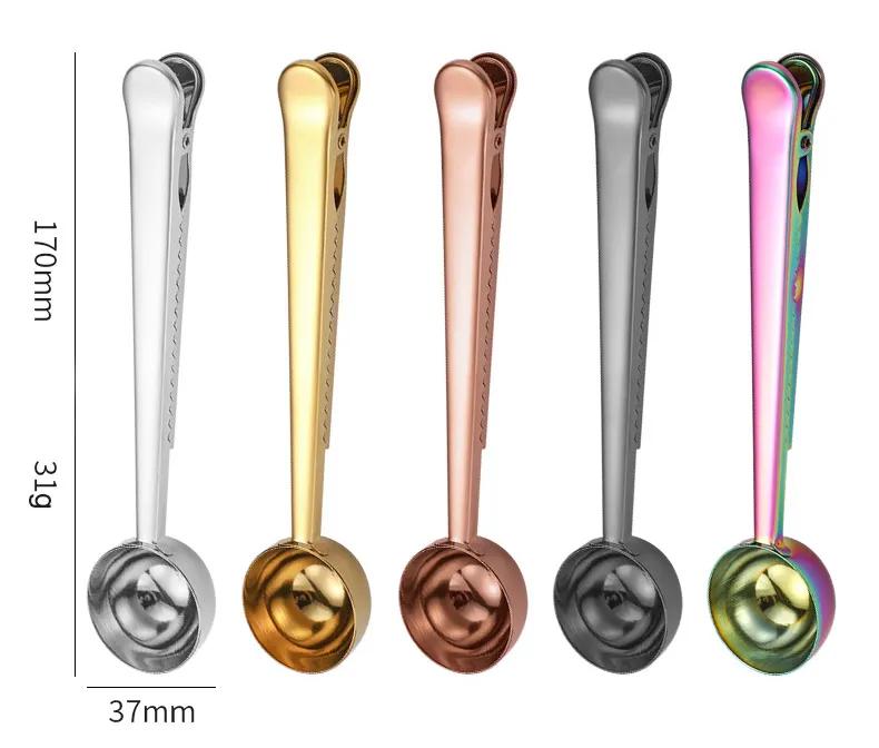 Multifunctional Coffee Scoops with Clip Powder Flour Measuring Tools Stainless Steel Bake Spoons Measure Spoons Food Sealing Clip Reusable Ya1025